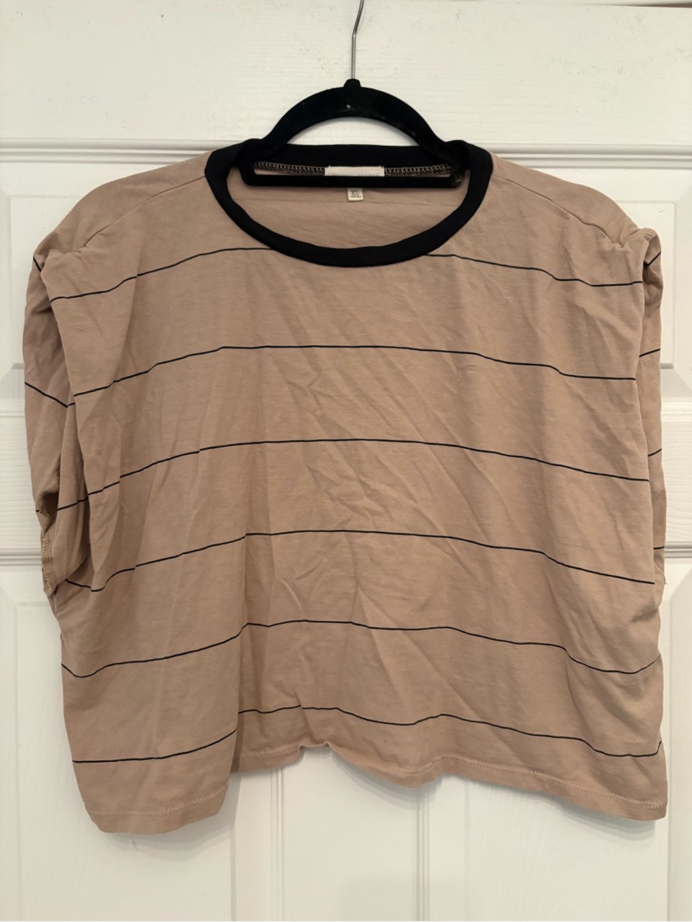 Gilded Intent Beige Crop Top with Black Trim and Narrow Black Stripes